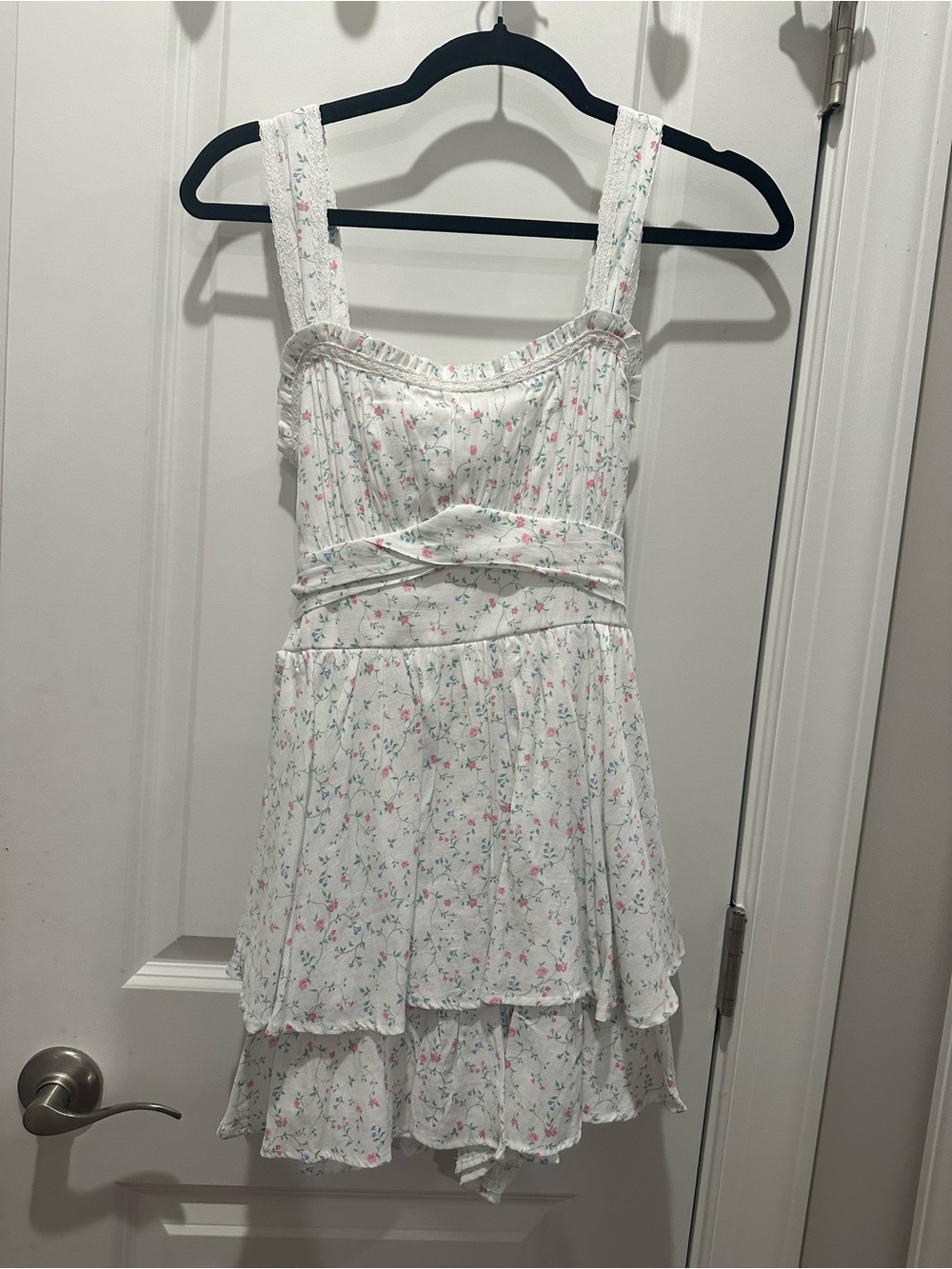 Womens White Floral Tiered romper with Pink Accents and tie in back